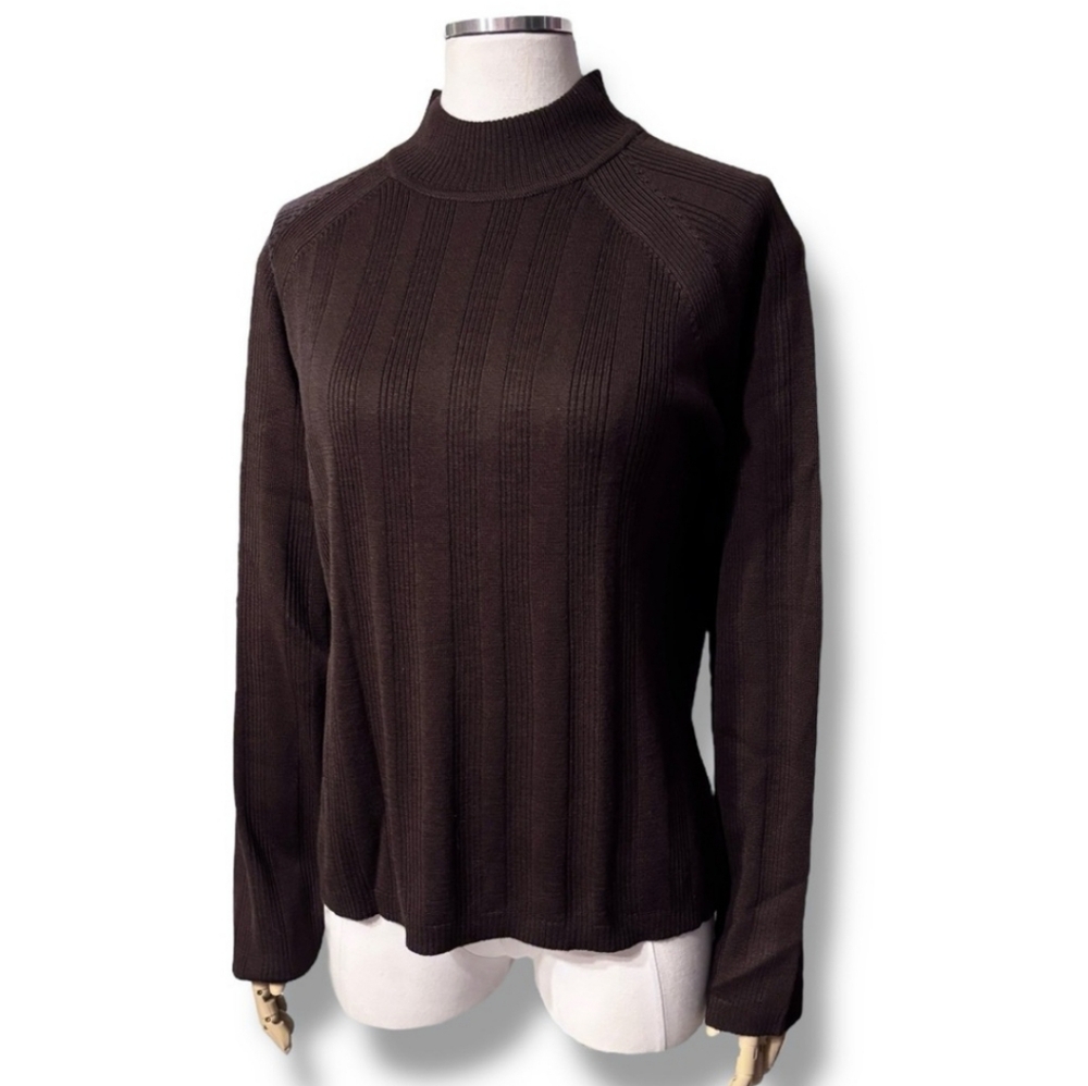 KAREN SCOTT Dark Brown Ribbed Mock Neck Wool Blend Sweater NWT!